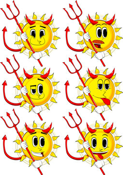 Cartoon devil sun with pitchfork. Collection with happy faces. Expressions vector set.