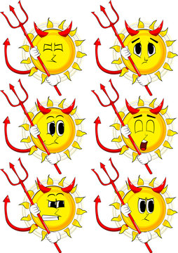 Cartoon devil sun with pitchfork. Collection with sad faces. Expressions vector set.