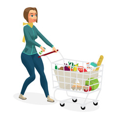 Young woman housewife in a supermarket with a full shopping cart