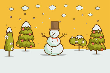 winter landscape with Christmas trees, snowmen,
