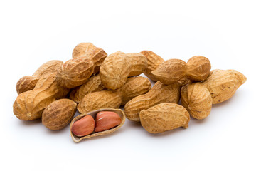Dried peanuts on the white background.