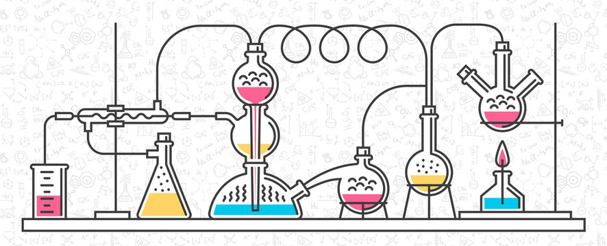 Composition of chemical flasks, hoses and a manometer in a chemical laboratory. Vector color illustration in a line style. Possible reconfiguration.