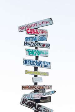 Signpost with direction and distance to different cities in the world