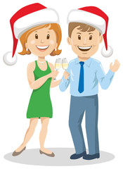 couple woman and man with christmas hat and wine 