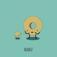 Funny concept of a mother donut and her kid. Vector illustration. Modern design.
