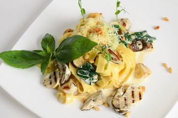 Fettuccine with mushrooms, spinach and pine nuts in creamy sauce on a plate on white background