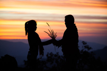 Loving couple showing heart symbol on hands,twilight background