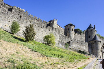 Towers and walls of the Cite de Carcassonne, a medieval fortress citadel located in the Languedoc-Roussillon region. A World Heritage Site since 1997