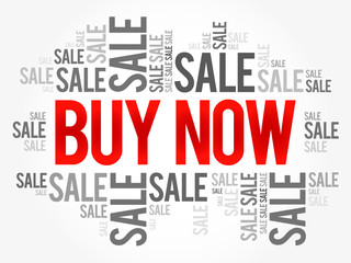 BUY NOW sale words cloud, business concept background