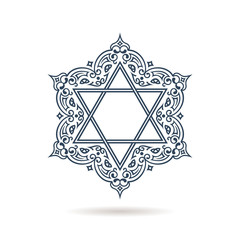 Star of David. Vector Jewish ornament. Blue icon on white background