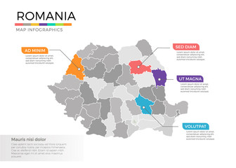 Fototapeta na wymiar Romania map infographics vector template with regions and pointer marks