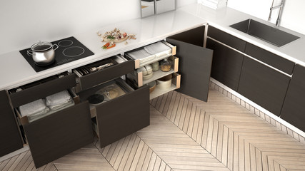 Fototapeta na wymiar Modern kitchen top view, opened wooden drawers with accessories inside, solution for kitchen storage, minimalist interior design
