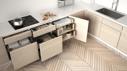 Modern kitchen top view, opened wooden drawers with accessories inside, solution for kitchen storage, minimalist interior design
