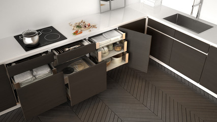 Modern kitchen top view, opened wooden drawers with accessories inside, solution for kitchen storage, minimalist interior design