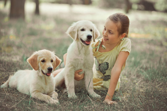 Retriever pup Lovely scene cute young teen girl enjoying posing summer time vacation with best friend dog ivory white labrador puppy.Happy airily careless childhood life world of dreams with puppies