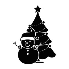 merry christmas pine tree with snowman character