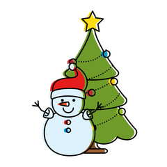 merry christmas pine tree with snowman character
