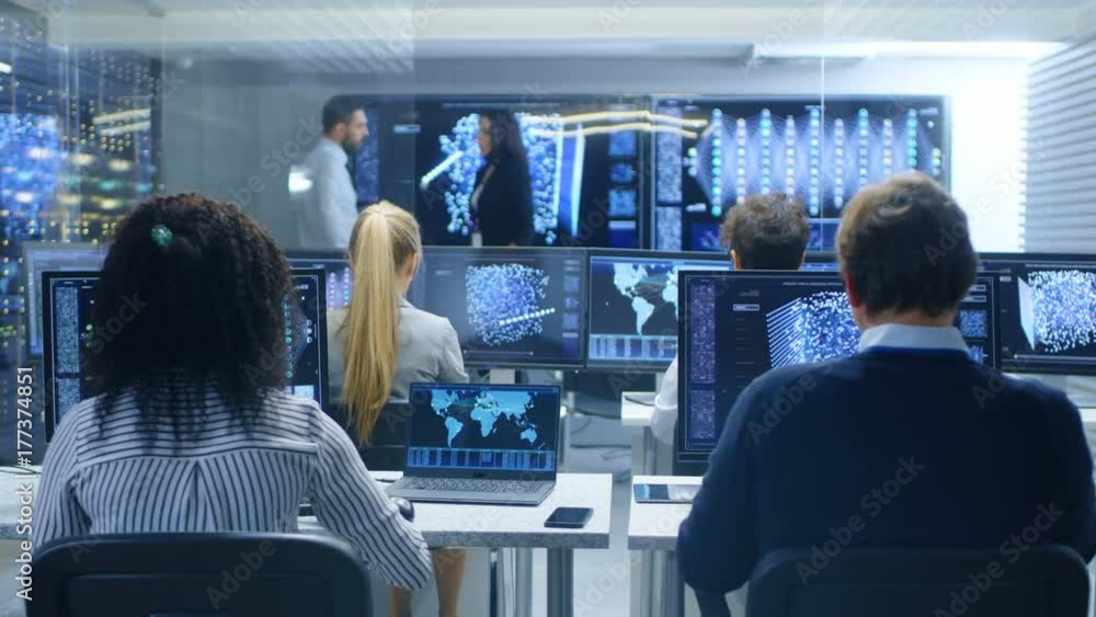 Poster Multi-Ethnic Team of Research Engineers, Neural Network Architects, Programmists Working on a Machine Learning, Neural Network Building Project. Office Displays Show Working Model of Neural Network.