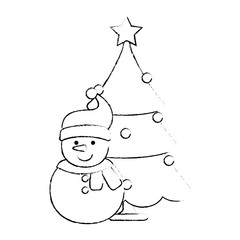 merry christmas pine tree with snowman character
