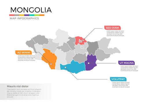 Mongolia map infographics vector template with regions and pointer marks