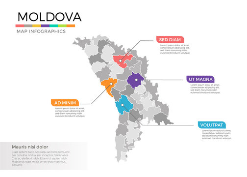 Moldova map infographics vector template with regions and pointer marks