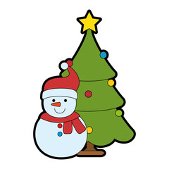 merry christmas pine tree with snowman character