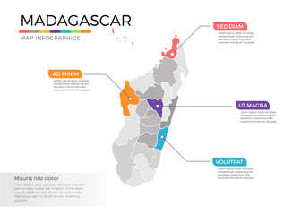 Madagascar map infographics vector template with regions and pointer marks