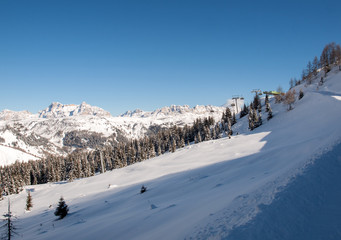 Skiing area in the Dolomites Alps. Overlooking the Sella group  in Val Gardena. Italy
