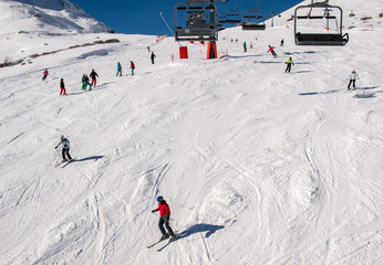 Skiing area in the Dolomites Alps. Overlooking the Sella group  in Val Gardena. Italy