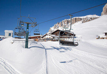 Skiing area in the Dolomites Alps. Overlooking the Sella group  in Val Gardena. Italy