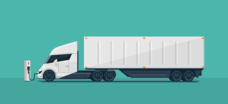 Flat vector illustration of an abstract futuristic white electric semi trailer truck with trailer in modern design with sleeper cabin charging at the charger station. Side view, cartoon style. 