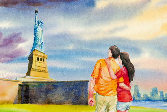 The statue of Liberty,  Watercolor painting