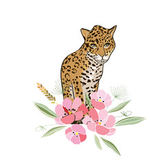Retro style Illustration with flowers and animal