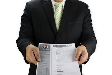 Businessman using hands holding the Curriculum Vitae or CV for business concept isolated on white...