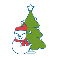 merry christmas pine tree with snowman character vector illustration design