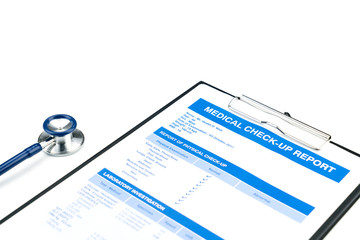 Medical check up report for personal health care concept isolated on white background