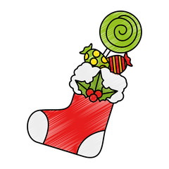 merry christmas socks decorative with candies vector illustration design