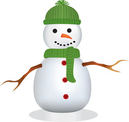 Snowman with green hat and scarf, vector