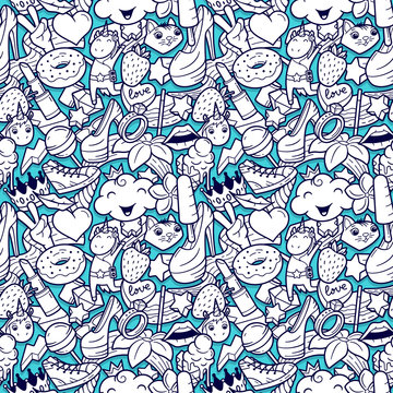 Fototapeta Graffiti seamless pattern with girlish style doodles. Vector background with childish girl power crazy elements. Trendy linear style collage with bizarre street art icons.