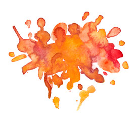 Bright yellow, orange and red splatter painted in watercolor on clean white background