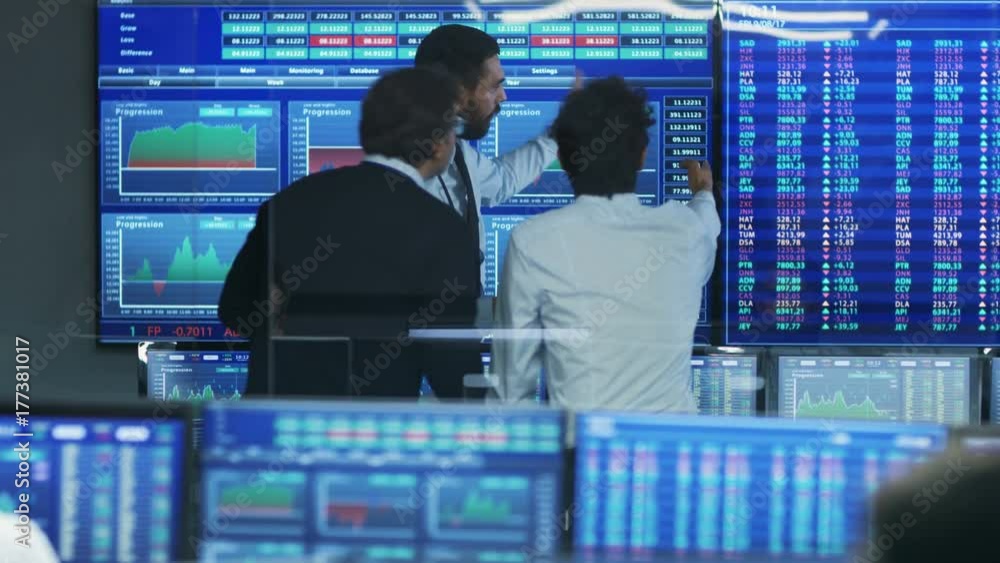 Poster three experienced stock traders talking business, consulting documents and argue about data. they wo
