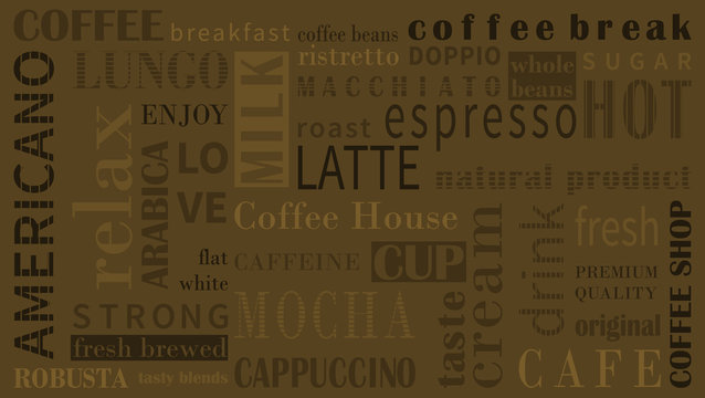 Fototapeta Sorts of coffee vector background with different typography.