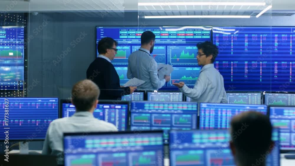 Poster three experienced stock traders talking business, consulting documents and argue about data. they wo