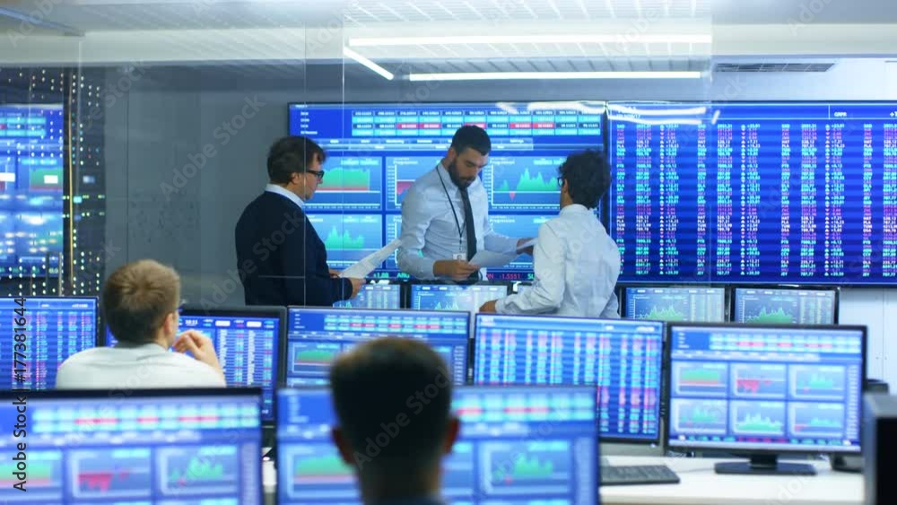 Poster three experienced stock traders talking business, consulting documents and argue about data. they wo