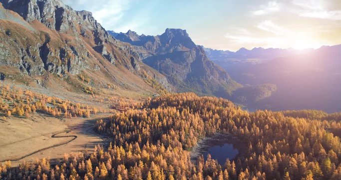 forward aerial over alpine mountain valley lake and orange larch forest woods in sunny autumn.Alps outdoor mountains wild fall nature at sunset or sunrise establisher.4k drone flight establishing shot