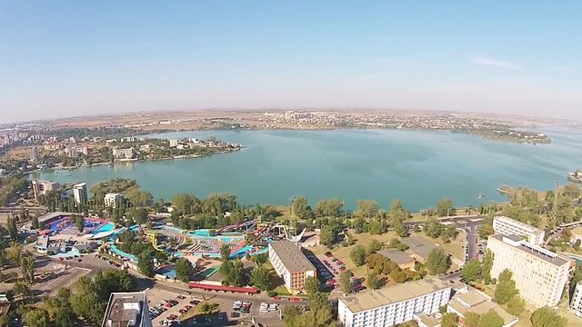 Constanta ,a major industrial and economical hub  on the Black Sea coast, Eastern Europe and  Mamaia holiday resort, a top travel destination on the Romanian seaside, aerial view