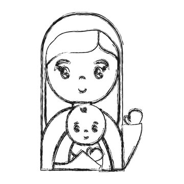 cartoon virgin mary and baby jesus icon over white background vector illustration