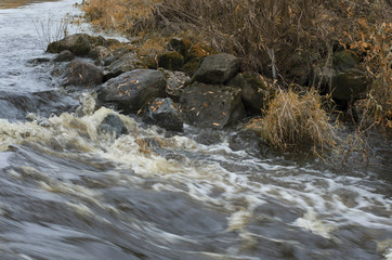 Autumn turbulent river flow and boulders with fallen leaves on the river bank