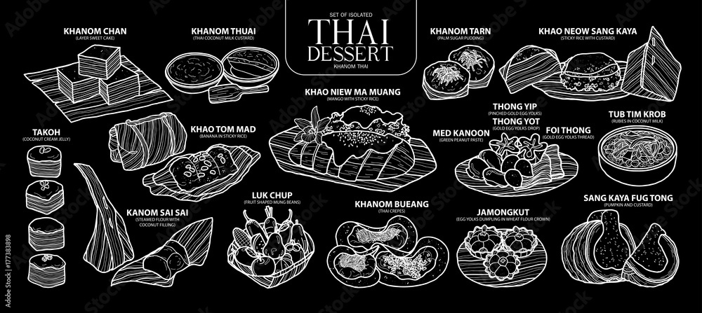 Wall mural set of isolated thai dessert in 14 menu. cute hand drawn food vector illustration in white outline.