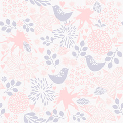 Tropical illustration with birds and plants. Vector seamless pattern. 